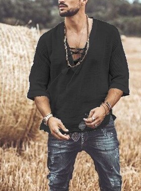 Men's Fashion Hippie Linen Shirt Casual Middle Sleeve VNeck
