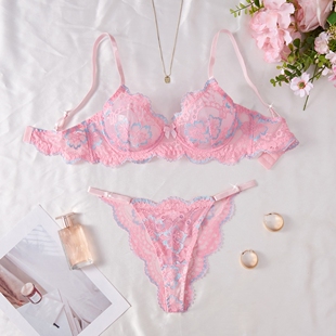 Sexy lingerie pink lace printed bra sweet thong sexy lingeri