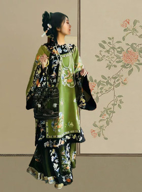 戏文说舞蹈服簪花清汉女服装格格汉服清朝满清旗装唐朝黄色印花裙