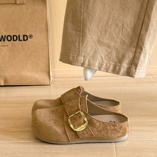 厚底内增高勃肯鞋女2025秋冬新款复古包头半拖鞋外穿软木博肯单鞋