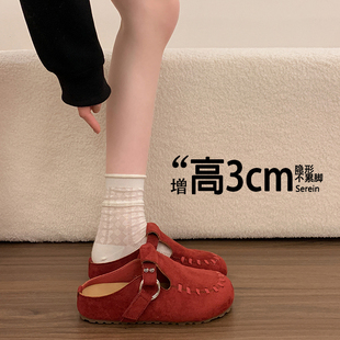 厚底勃肯鞋2025春秋博肯一脚蹬懒人鞋包头半拖鞋女森系内增高单鞋