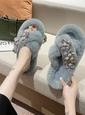 河南桑坡村羊皮毛一体交叉拖羊毛防滑毛毛拖鞋女夏外穿秋冬季厚底