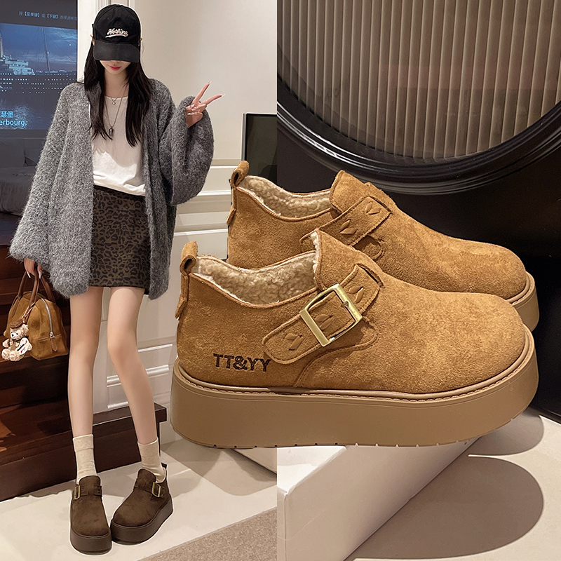 松糕厚底增高勃肯鞋女鞋2025新款秋冬雪地靴加绒乐福鞋毛毛二棉鞋