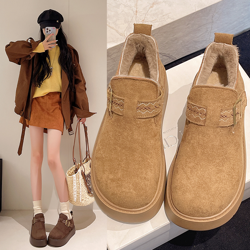 勃肯鞋加绒圆头博肯鞋女一脚蹬单鞋懒人真皮毛毛鞋包头拖鞋女外穿