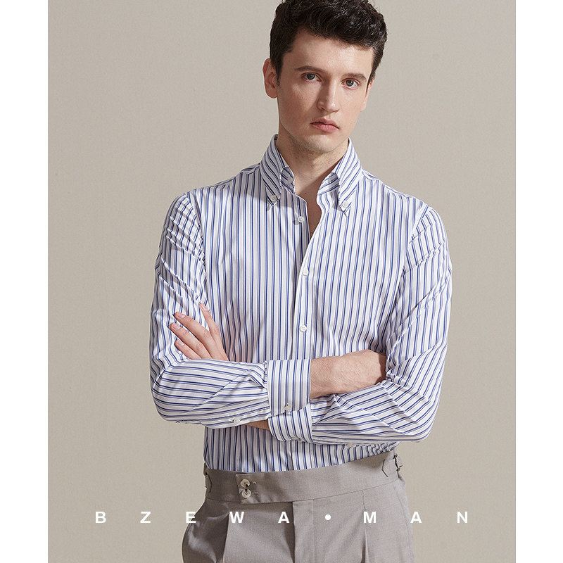 春夏新款美式钉扣蓝白条纹男士衬衫长袖修身商务休闲小清新衬衣潮