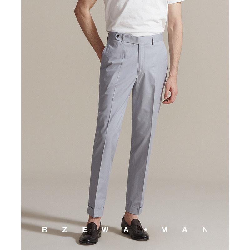 巴泽华意式银灰色细斜纹翻边西裤男商务修身长腰头防滑垂感休闲裤