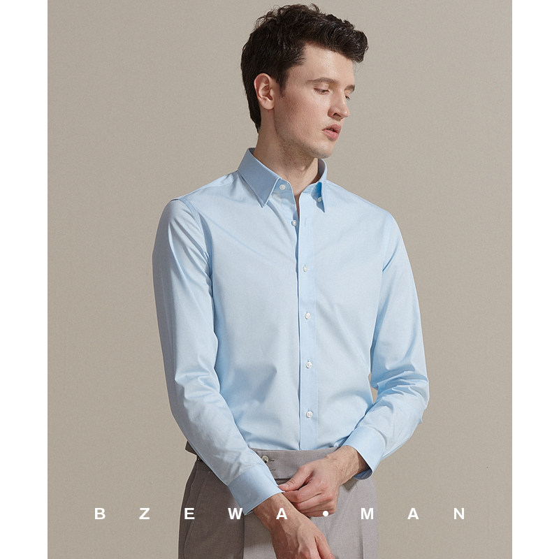 巴泽华浅蓝时尚小领衬衫男商务休闲修身易打理上班面试正装衬衣