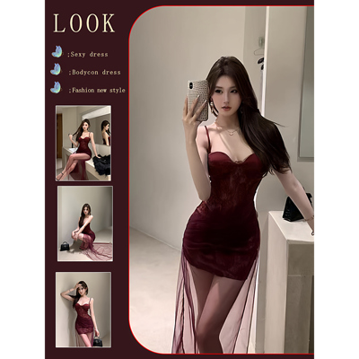 性感露肩吊带连衣裙女装秋季新款修身显瘦网纱裹胸名媛包臀短裙子