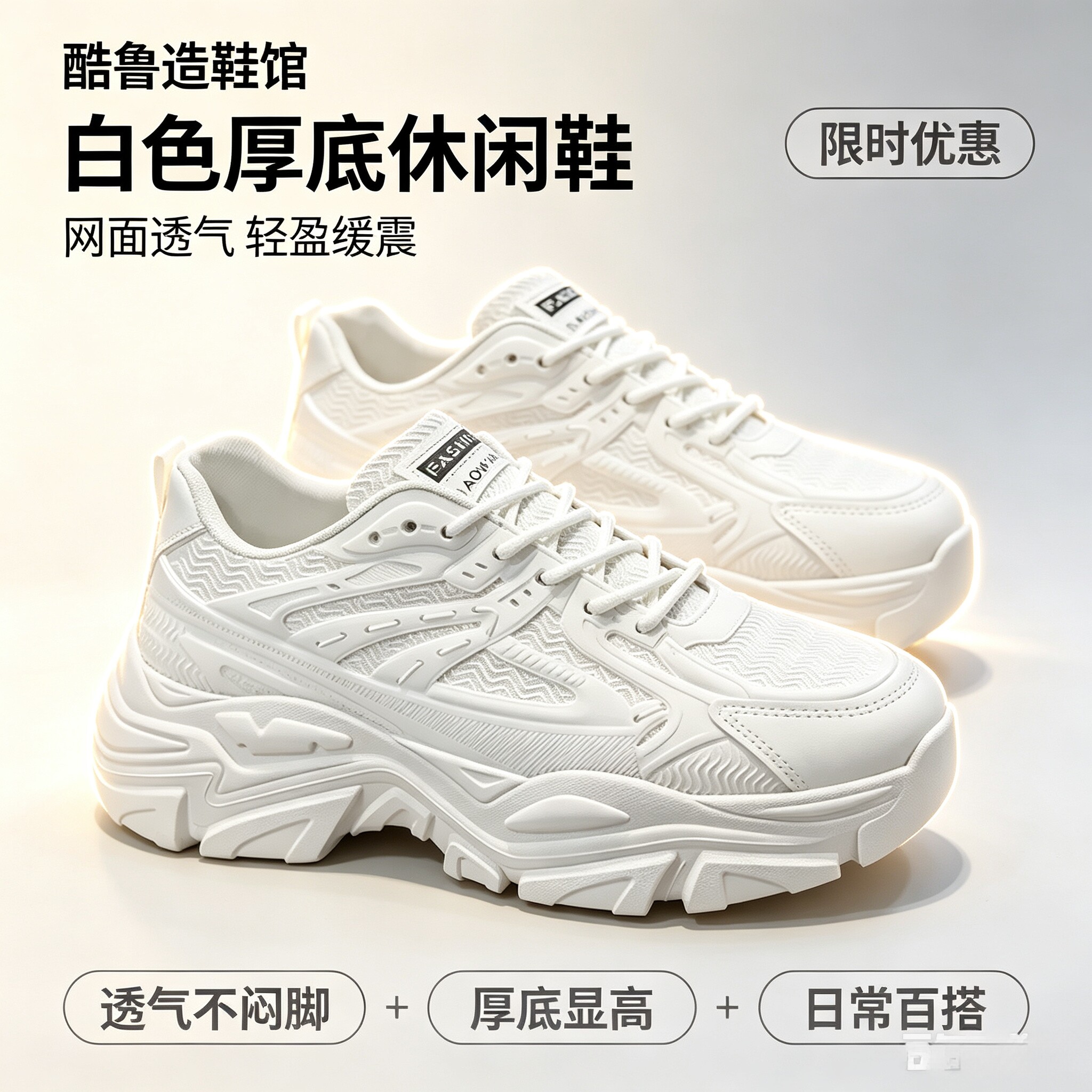 老爹鞋秋季男款2026新款纯白色厚底内增高运动鞋子青少年跑步白鞋