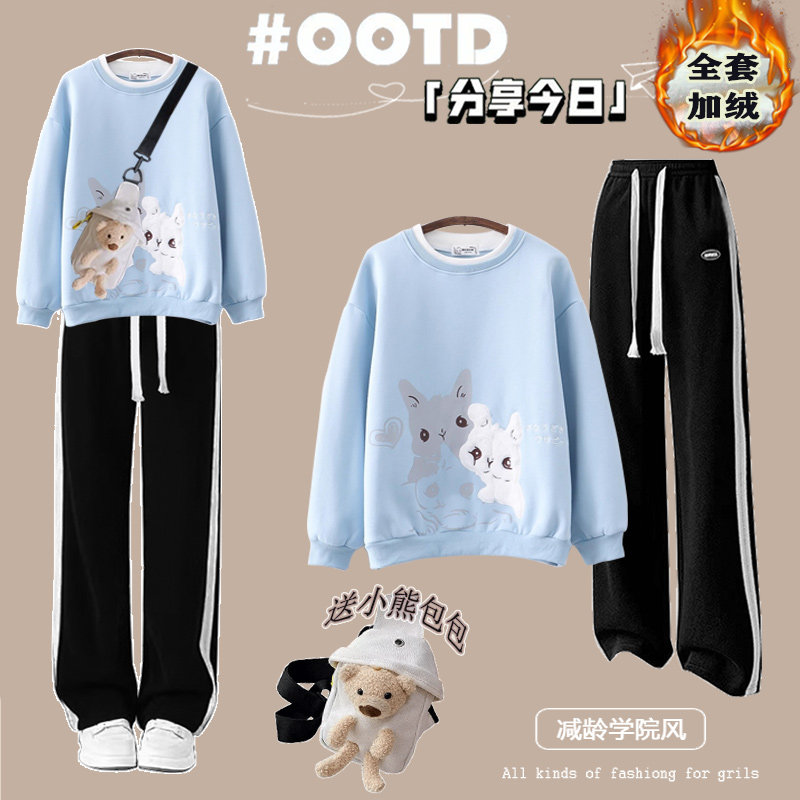 벨벳 운동복 세트 2024 가을 겨울 어린이 귀여운상의 중학교 및 고등학교 여학생 느슨한 스포츠 투피스 세트