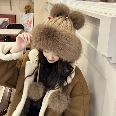 双球针织雷锋帽冬季保暖仿皮草帽