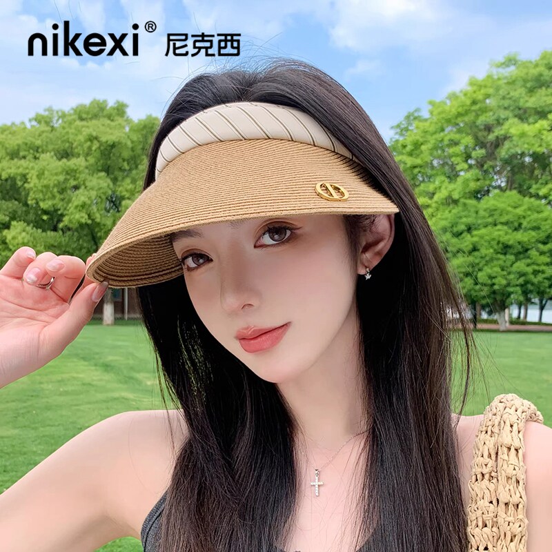 草编大帽檐空顶遮阳帽女春夏秋季旅行度假海边透气防紫外线平檐帽