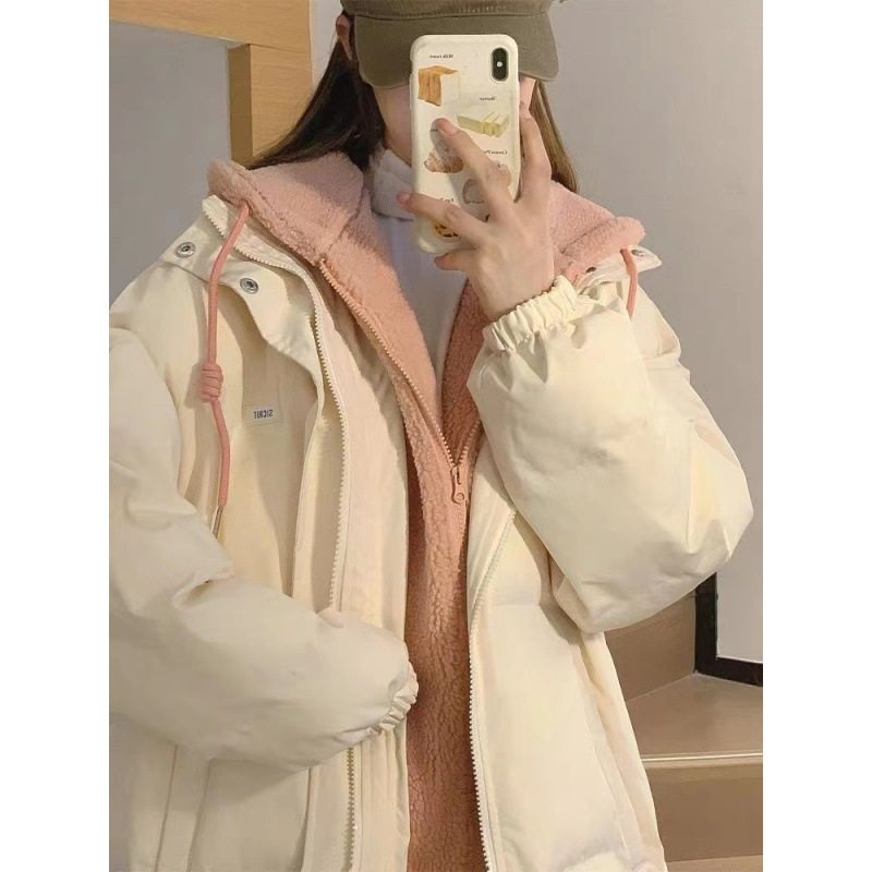 韩版拼色加厚连帽假两件中款棉服女冬季新款学生棉衣外套潮宽松