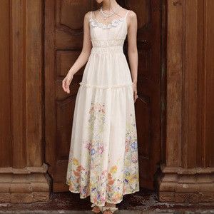 《未闻花语》夏季印花长款连衣裙女吊带仙女裙收腰显瘦高腰碎花
