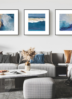 客厅背景墙蓝色系大气三联装饰画卧室床头方形挂画餐厅轻奢抽象画