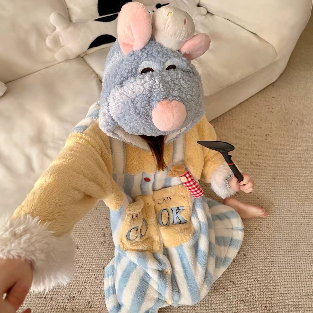 可爱卡通料理鼠王睡衣女秋冬季新款珊瑚绒加厚冬天袍家居服套装