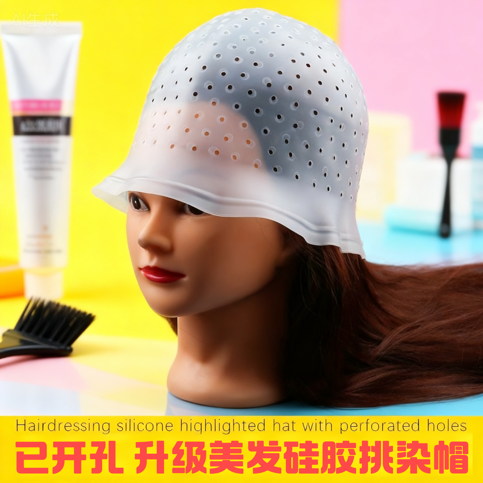 抖音同款美发挑染帽硅胶镂空透气染发帽专业美发工具已开孔升级版