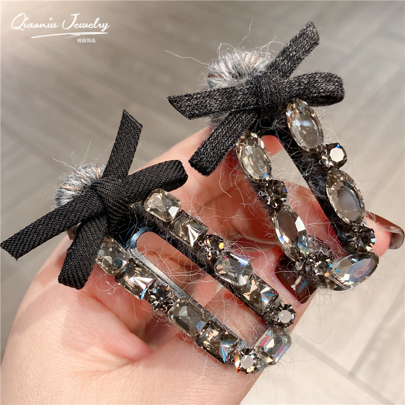 韩国ins秋冬新款毛线发夹毛绒发卡闪亮水钻发饰女侧边刘海夹头饰