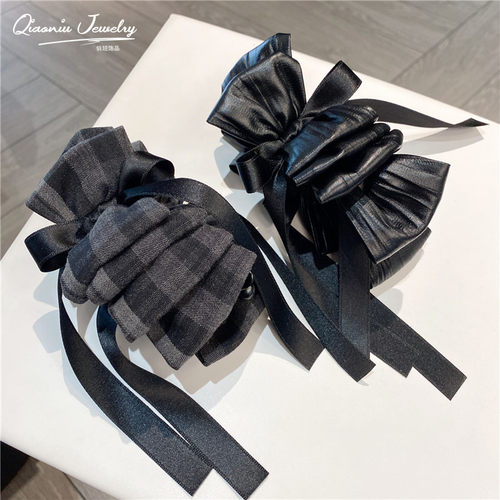 韩国面料格子蝴蝶结飘带发夹2025新款气质法式后脑勺高马尾香蕉夹