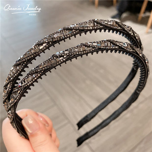 韩国发饰ins款极简约气质百搭发箍水钻黑色带齿满钻细头箍发卡女