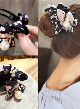 新品韩版韩国东大门发夹珍珠碎花布蝴蝶结抓夹马尾夹包包头盘发