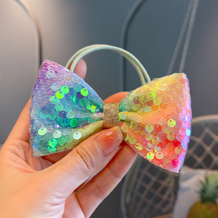 儿童洋气头花公主亮闪闪大蝴蝶结皮筋女孩扎马尾不伤发头绳结实蓝