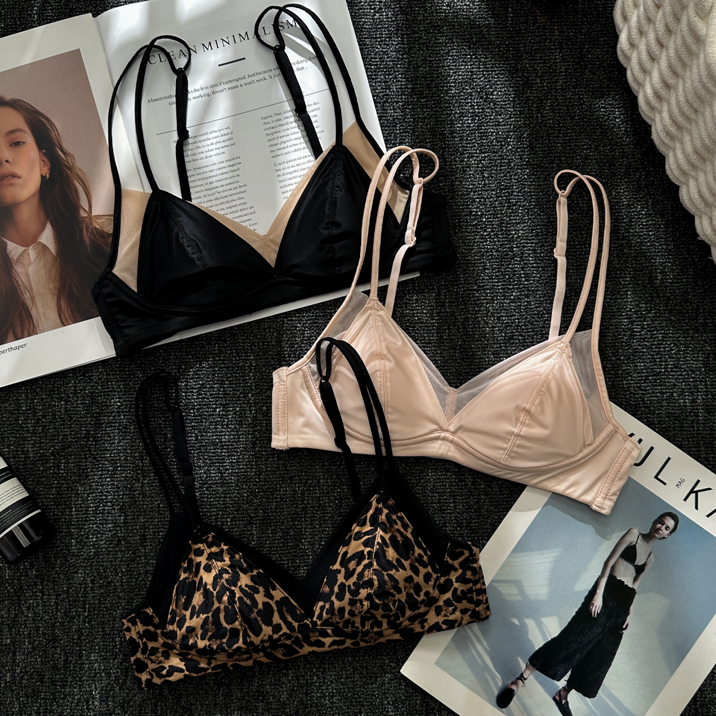 细双肩带性感豹纹美背内衣女小胸聚拢法式三角杯比基尼网纱文胸罩