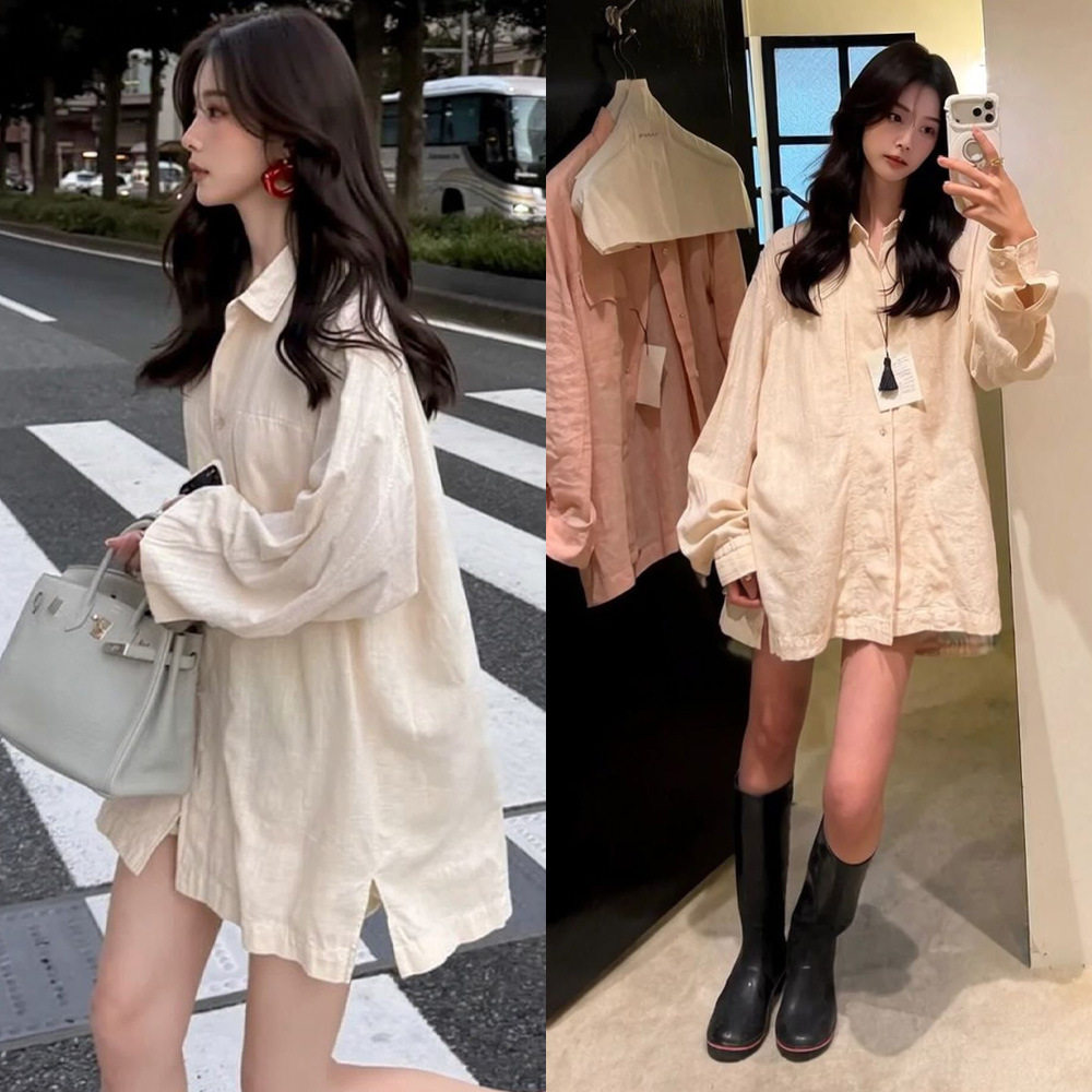 nana款松驰感韩版时尚宽松百搭中长款棉麻混纺长袖衬衫女