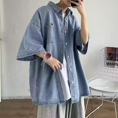 短袖牛仔衬衫男夏季美式潮牌宽松慵懒风男装半袖寸衫外套痞帅休闲