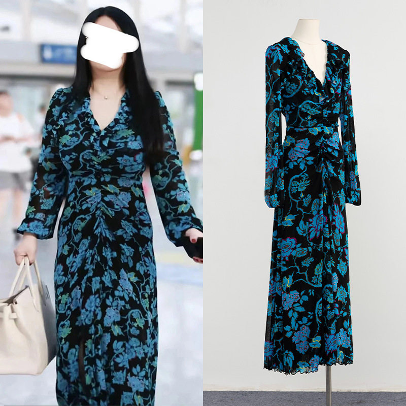 [现货]李湘同款修身弹力印花长款连衣裙抽褶设计V领长袖碎花裙子