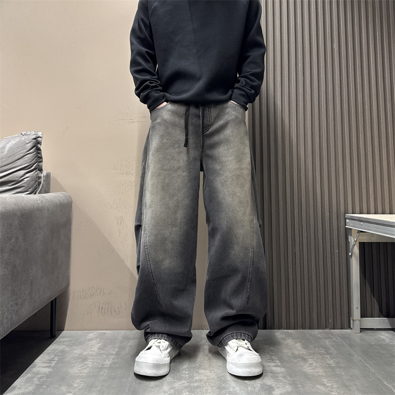 秋季美式复古简约水洗破洞牛仔裤男士高街时尚痞帅宽松休闲阔腿裤
