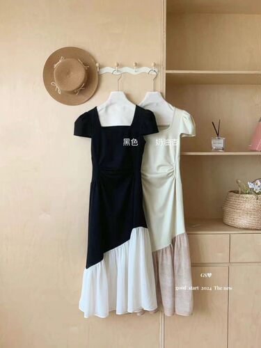GS 拼接撞色设计感方领连衣裙女夏季新品褶皱收腰显瘦精致长裙子