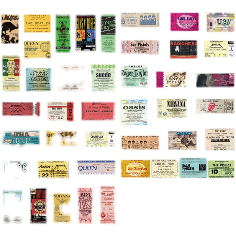 thumbnail for 43 Rock Band Ticket Stickers Guns N&#039; Roses Queen Retro iPad Phone Journal Stickers Waterproof Journal Decoration