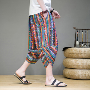 风棉麻萝卜裤男士七分裤花裤子夏季新款民族风哈伦裤K35P35,男装休闲裤,星座203-3