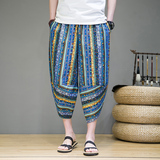 风棉麻萝卜裤男士七分裤花裤子夏季新款民族风哈伦裤K35P35，男装休闲裤，星座203-3