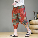 沙滩裤男士七分裤民族风碎花哈伦萝卜裤风棉麻阔腿裤K36P35，男装休闲裤，星座203-3