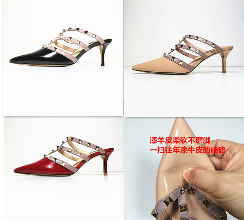 时尚铆钉漆羊皮尖头高跟拖鞋凉鞋