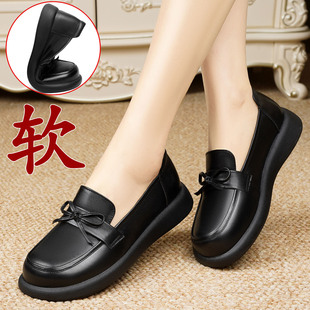 真皮妈妈鞋子单鞋防滑软底乐福鞋女士一脚蹬休闲小皮鞋不累脚女鞋