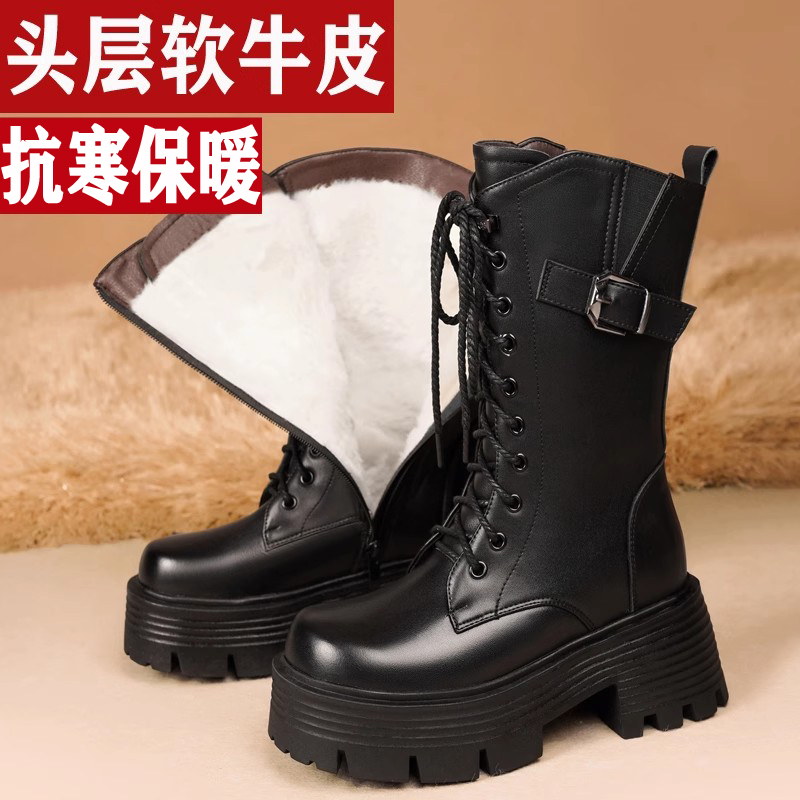 厚底增高马丁靴女中筒靴羊毛女鞋