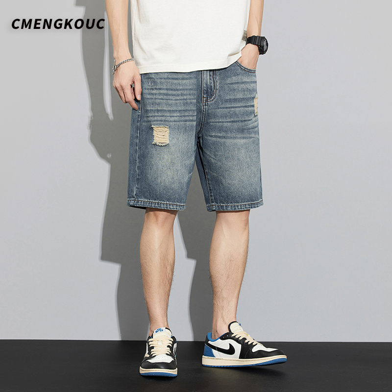 CMENGKOUC牛仔短裤男2026夏季潮牌复古水洗破洞中裤宽松大码五分