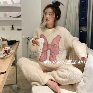珊瑚绒睡衣女冬季韩版甜美毛茸茸学生半边绒长袖加厚家居服两件套