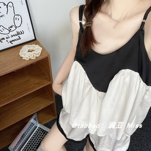 夏天家居服套装 夏季 高级感宽松短裤 韩版 甜美撞色冰丝吊带睡衣女款