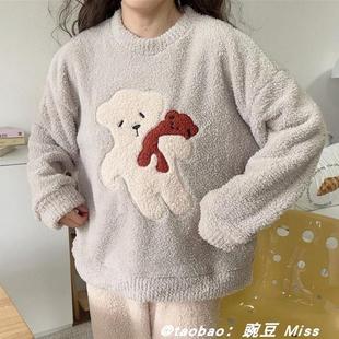 ins少女可爱小熊半边绒睡衣女冬季 新款 加厚珊瑚绒学生外穿家居服
