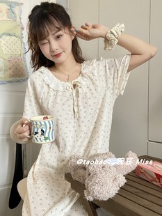 睡衣可外穿简约家居服 新款 ins蕾丝小碎花夏季 睡裙女短袖 长裙薄款