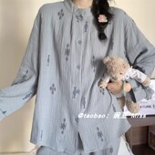 ins国风复古蓝菱格睡衣女春秋季 长袖 长裤 新款 宽松少女家居服套装