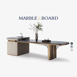 轻奢大理石岛台餐桌高端家用餐厅带水槽天然奢石餐台 Mobeier