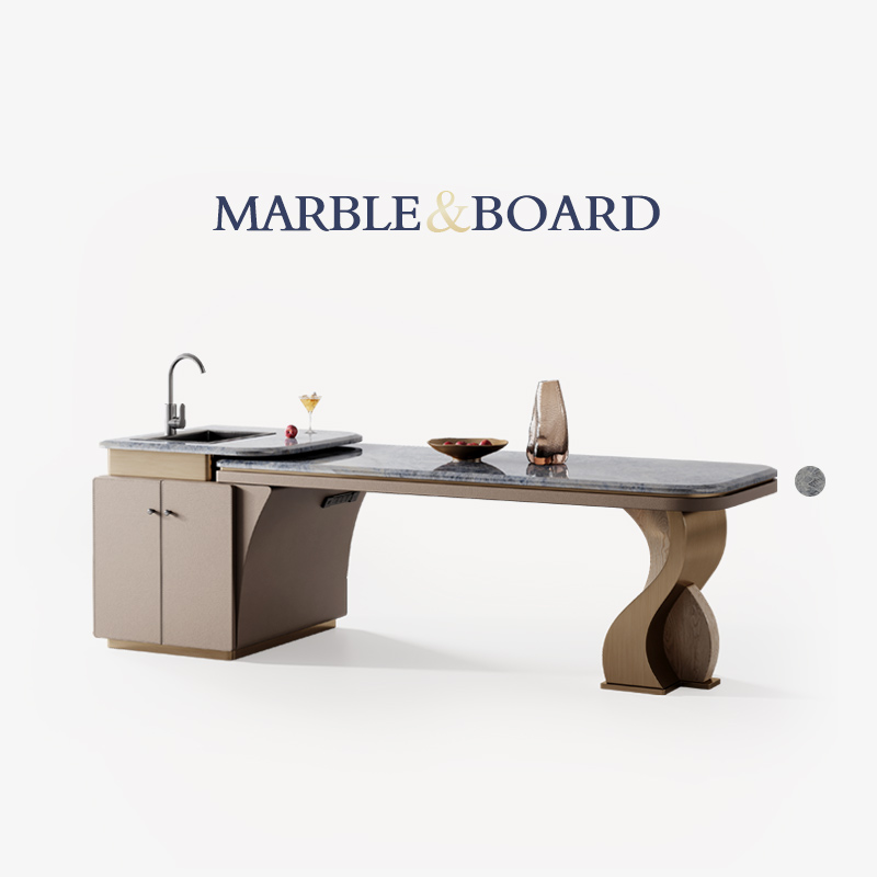 蓝水晶大理石岛台茶桌餐桌一体