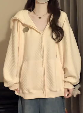 美式连帽加绒加厚华夫格卫衣女秋冬oversize宽松拉链开衫外套上衣