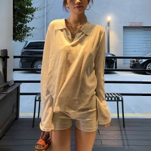 T恤女春秋内搭纯色打底衫 正肩POLO领长袖 外穿宽松显瘦慵懒上衣服