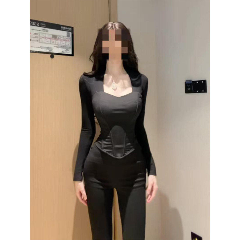 正肩方领纯棉长袖T恤女春秋内搭短款打底衫辣妹修身显瘦纯欲上衣,女装/女士精品,T恤,淘宝优惠券,粉丝福利购,淘宝优惠卷